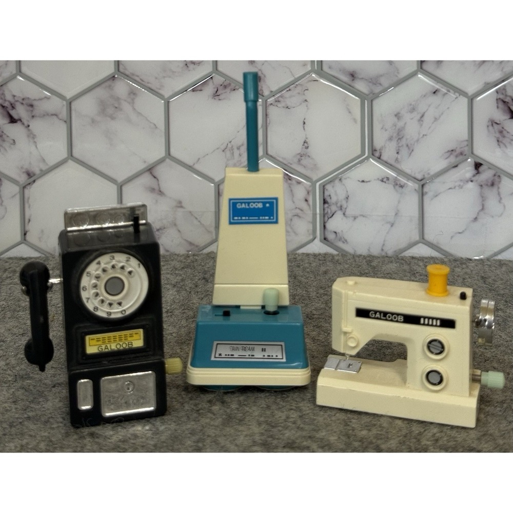 3 Vintage Galoob Barbie Doll House Wind Up Sewing Machine Floor Polisher Phone